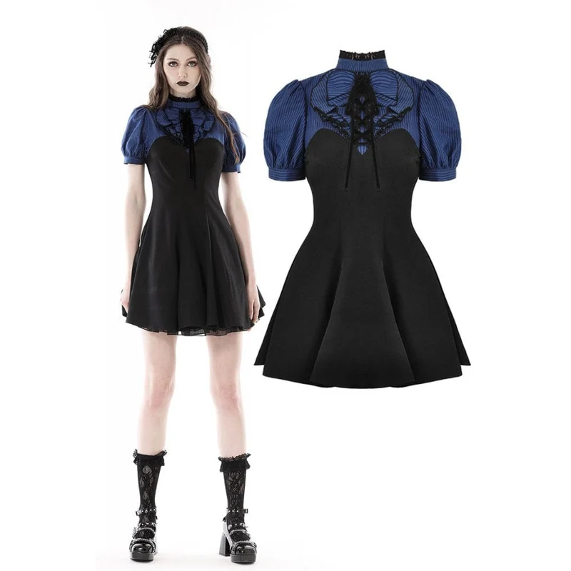 Damen-Grunge-Kleid mit Stehkragen und Streifenmuster