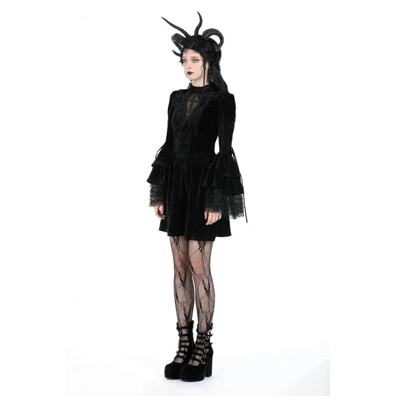 Damen-Gothic-Spitzensamtkleid mit ausgestellten Ärmeln