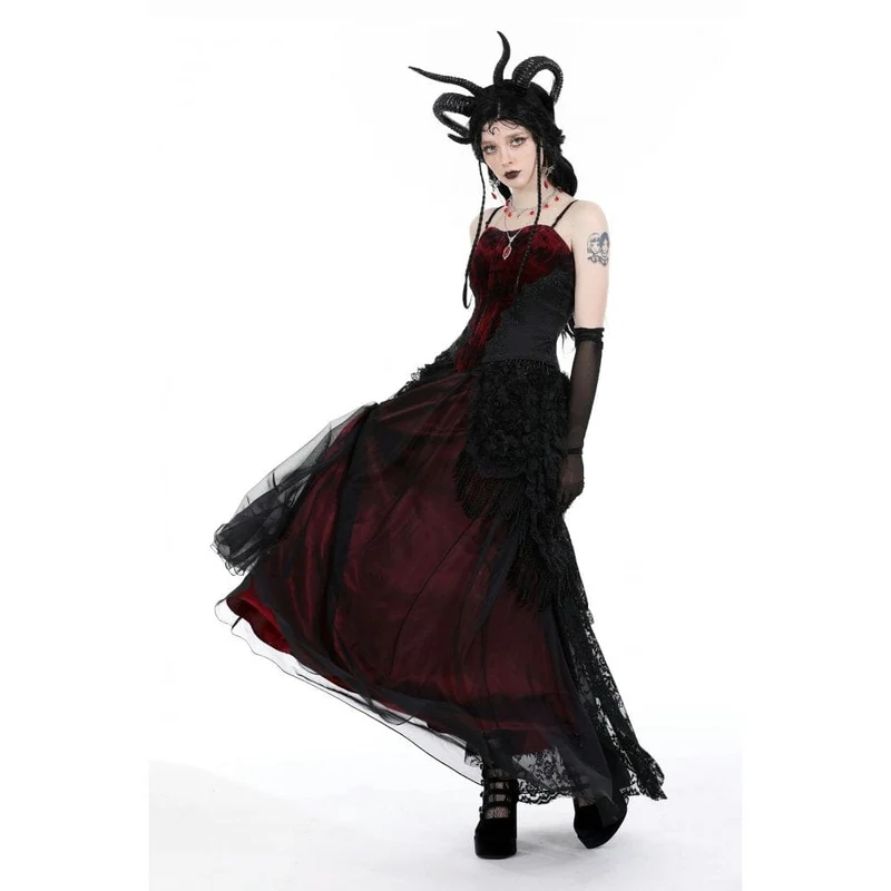 Damen-Gothic-Rock mit Blumenmuster und Quasten-Mesh-Spleiß