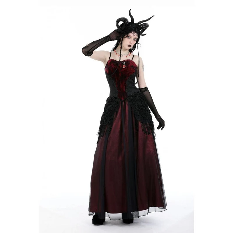 Damen-Gothic-Rock mit Blumenmuster und Quasten-Mesh-Spleiß
