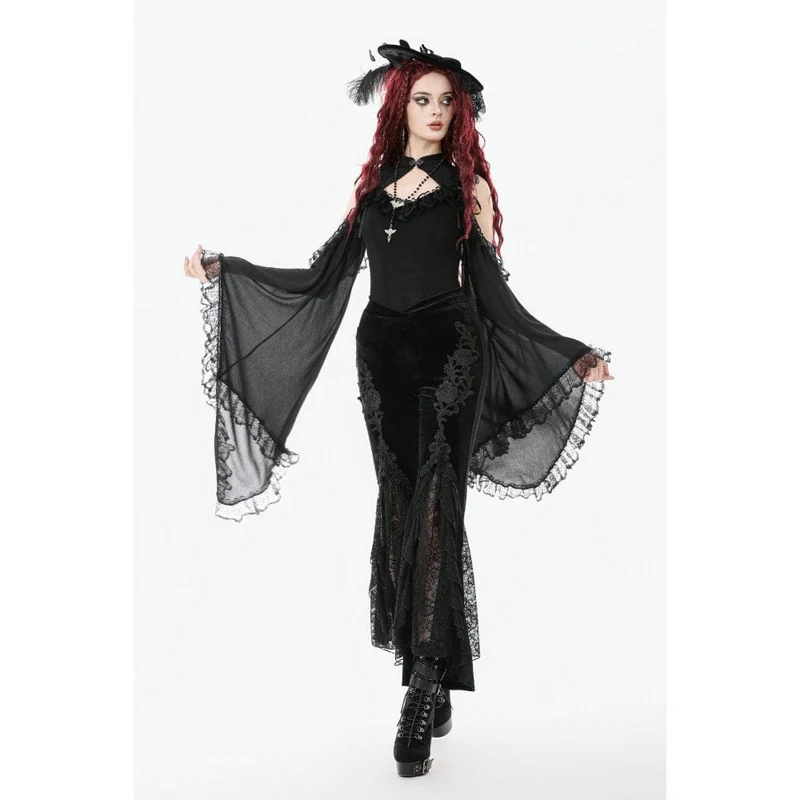 Gothic-Schlaghose mit Blumenstickerei für Damen