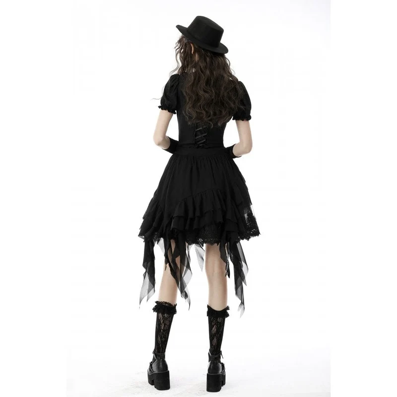 Damen Gothic Rüschen Kurz Puffärmel Shirt Schwarz