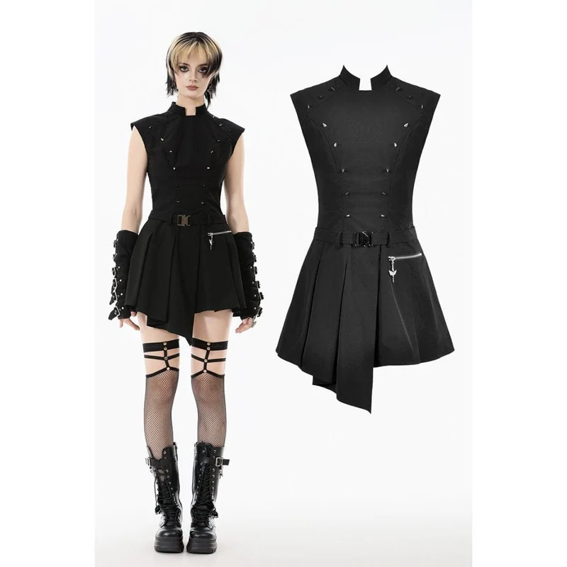 Asymmetrisches Plisseekleid mit Punk-Nieten für Damen