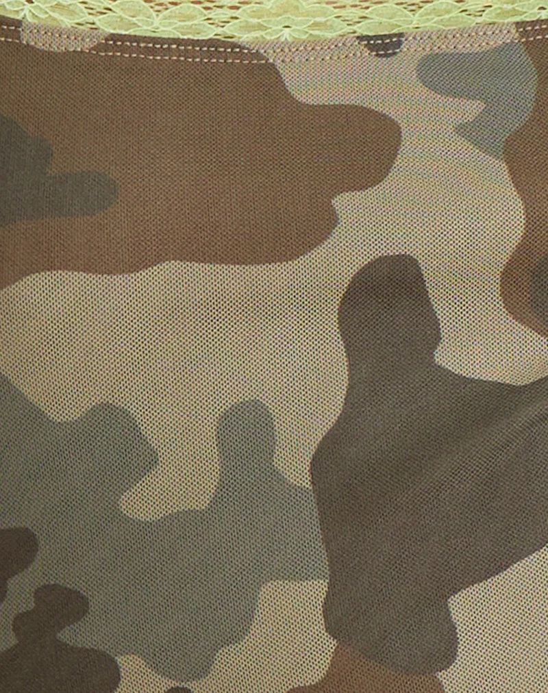 Tuwira-Minikleid aus Mesh in Camouflage-Grün mit Spitzenbesatz