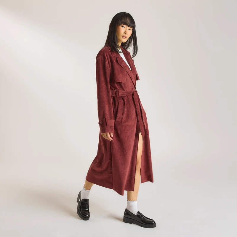 Veloursleder-Trenchcoat - Burgunderrot