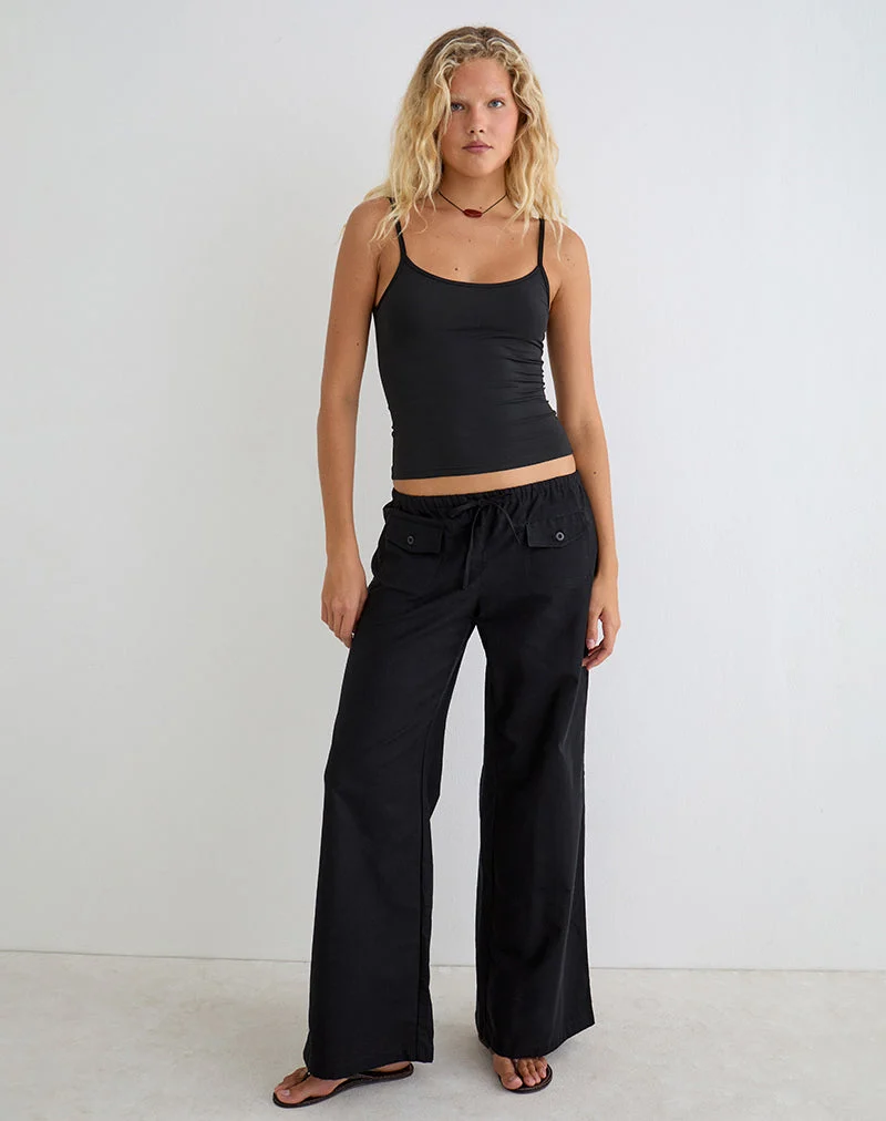Yua-Hose mit weitem Bein aus Leinen, schwarz