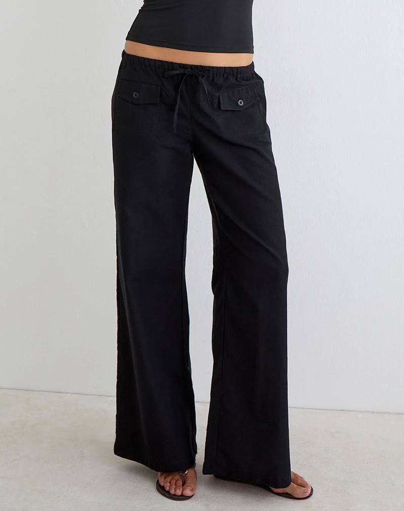 Yua-Hose mit weitem Bein aus Leinen, schwarz