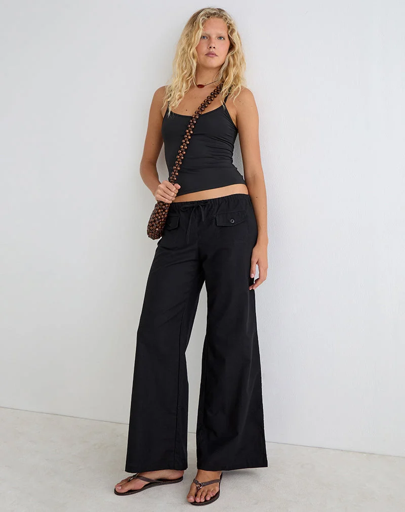 Yua-Hose mit weitem Bein aus Leinen, schwarz
