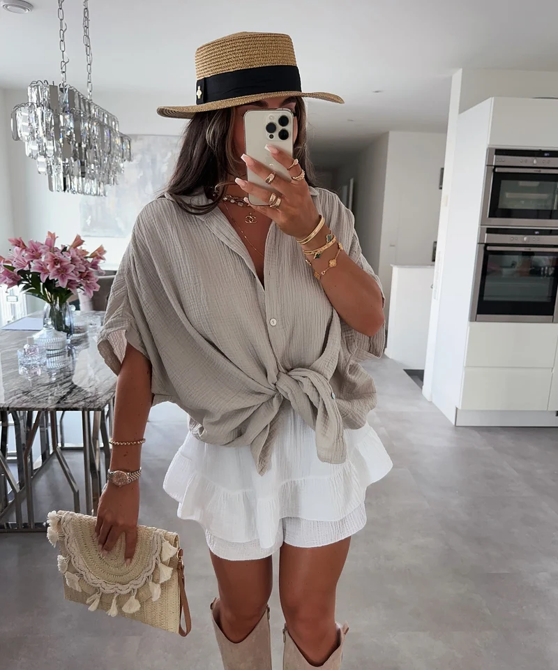Oversize Musselin Kurzarmhemd Romy Beige