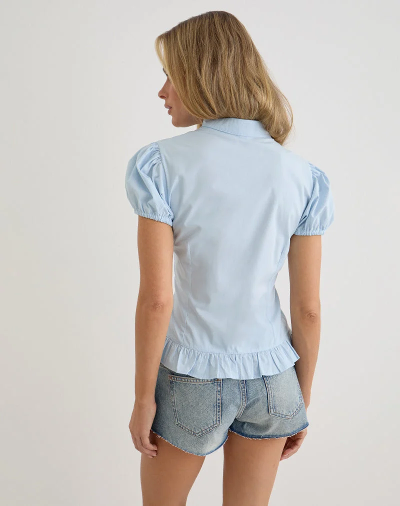 Yamila-Bluse mit Puffärmeln und Schlüssellochausschnitt in Eisblau
