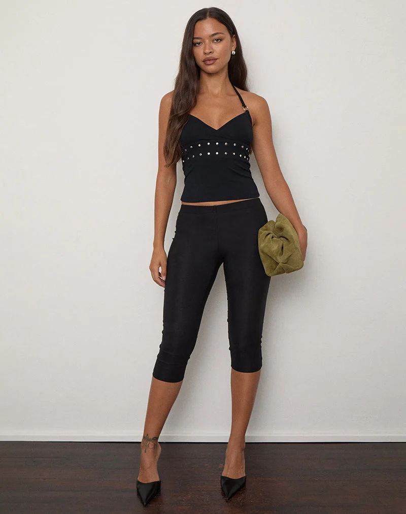 Mayoti-Top aus schwarzem Rayon-Jersey mit Nieten
