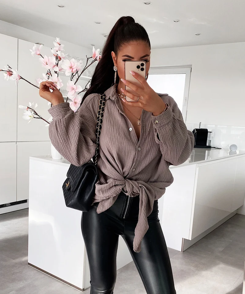Oversize Musselin Bluse Freya Taupe Lang