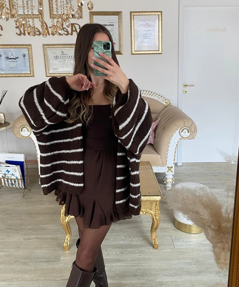 Cardigan Ray gestreift Dunkelbraun