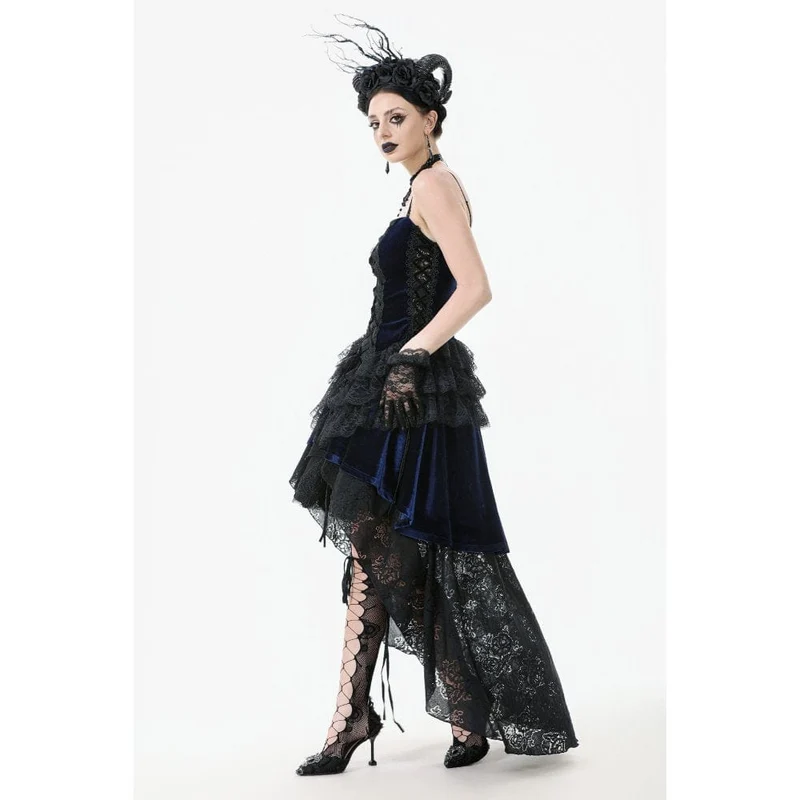 Gothic-Brautkleid mit floralem, mehrlagigem Spitzenbesatz und asymmetrischem Saum