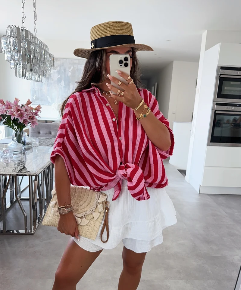 Oversize Musselin Kurzarmhemd Mala Streifen Rot Pink
