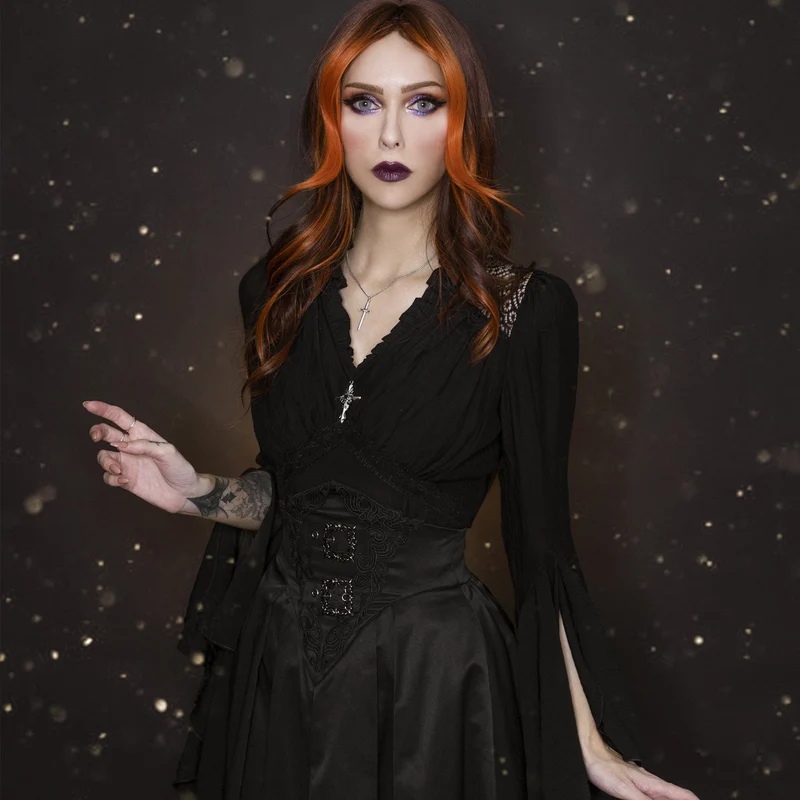 Gothic Plissee-Langarmhemd mit Horn-Muster für Damen