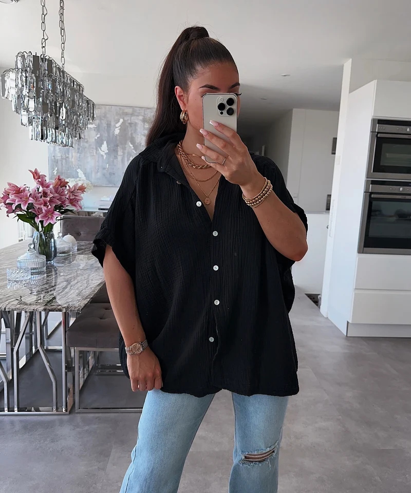Oversize Musselin Kurzarmhemd Romy Schwarz