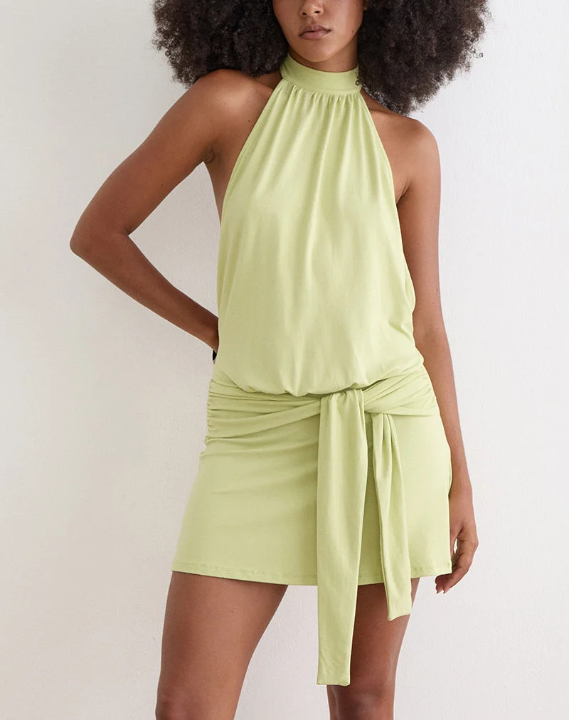 Vakali Mini-Kleid mit Neckholder-Ausschnitt aus Rayon-Jersey in der Farbe Pistazie