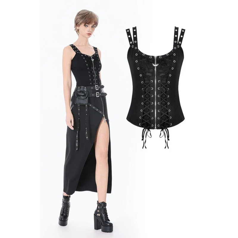 Punk-Tanktop für Damen mit Ösen, Used-Look, Schnürung und Reißverschluss