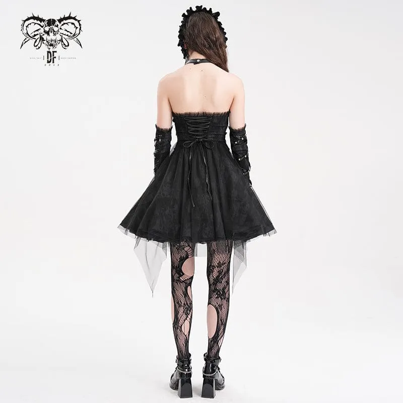 Gothic-Neckholder-Kurzkleid aus Netzstoff mit Schnalle für Damen