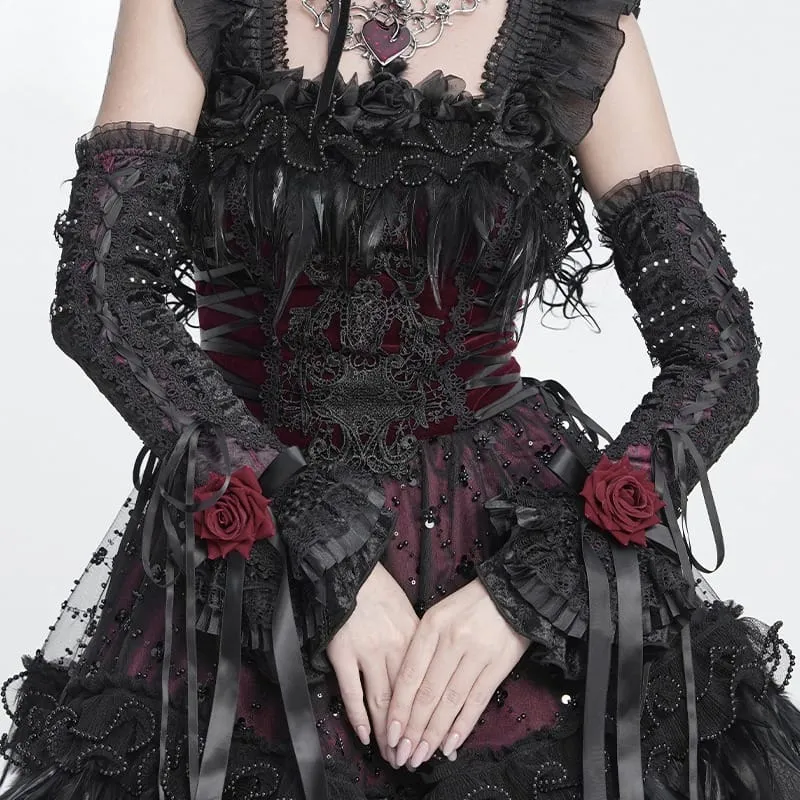 Gothic-Armstulpen für Damen mit Rosen-Schleife und Schnürung, Schwarz-Rot
