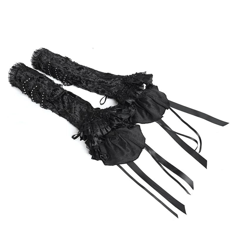 Gothic-Armstulpen für Damen mit Rosen-Schleife und Schnürung, Schwarz-Rot