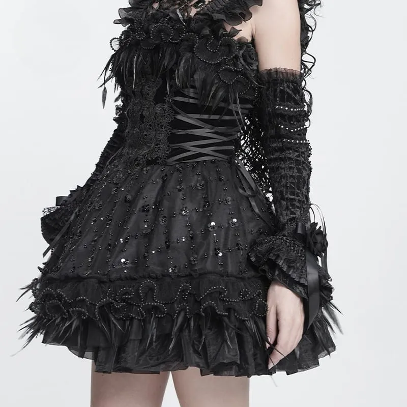 Schwarze Gothic-Armstulpen für Damen mit Rosen-Schleife und Schnürung