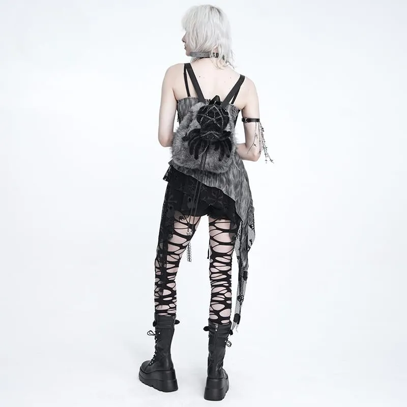 Gothic-Rucksack für Damen mit Spinnenmotiv aus Plüsch, Ketten und grau-schwarz