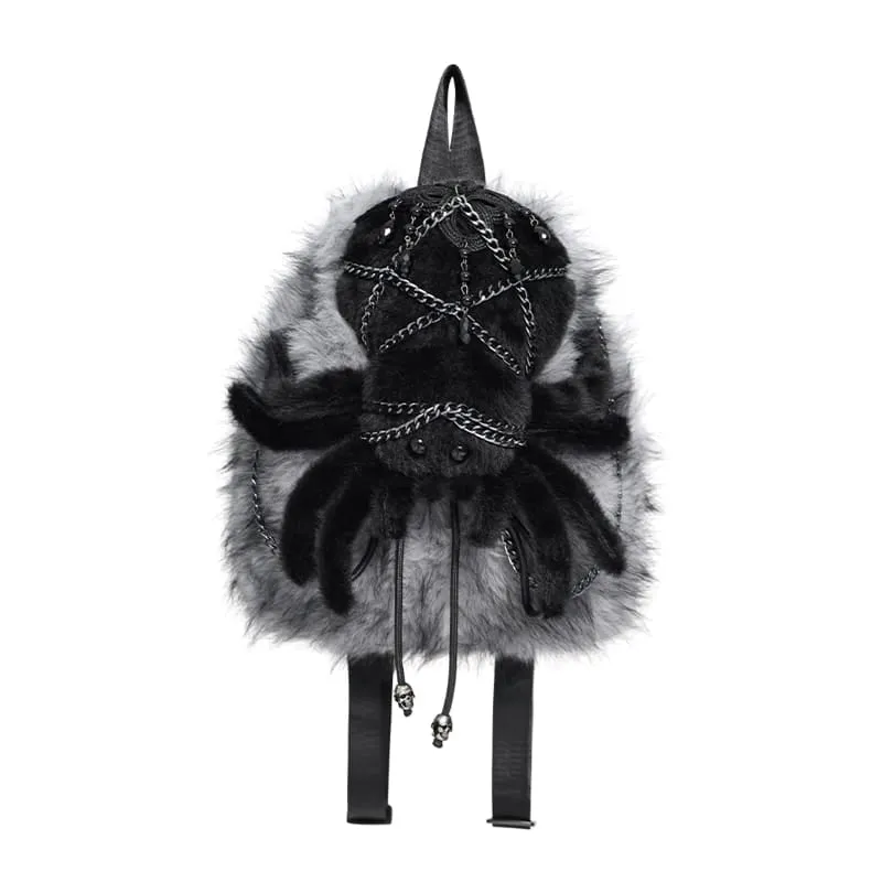 Gothic-Rucksack für Damen mit Spinnenmotiv aus Plüsch, Ketten und grau-schwarz