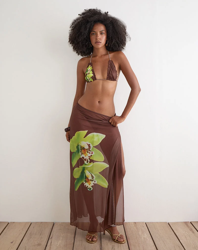 Pumyla-Bikini-Oberteil in Braun mit grüner Dendrobium-Blüte