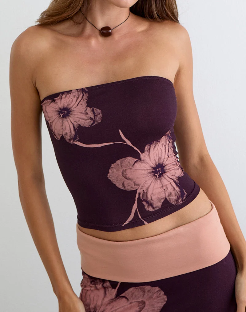 Shali-Bandeau-Top in Burgunderrot mit Blumen-Silhouette