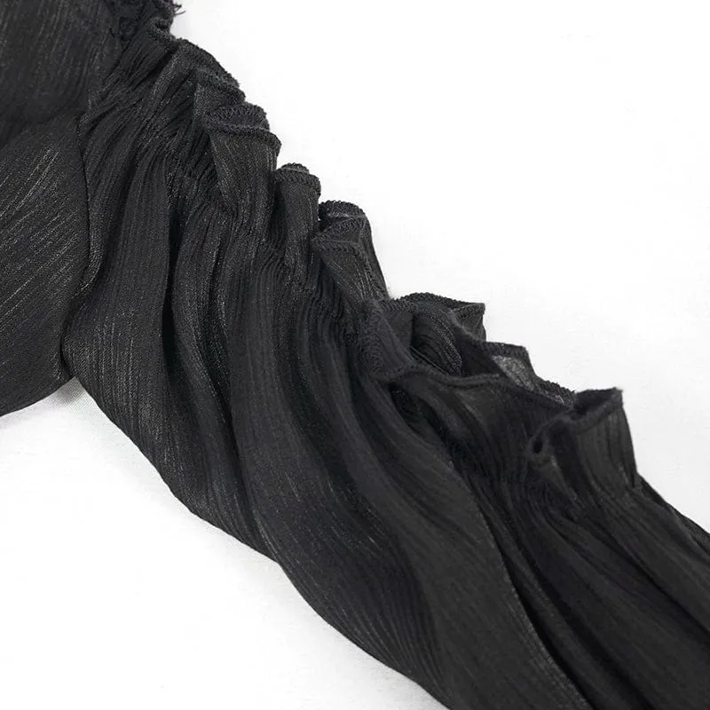 Damen Gothic Riemchen schulterfrei Spitzensaum schwarzes Shirt