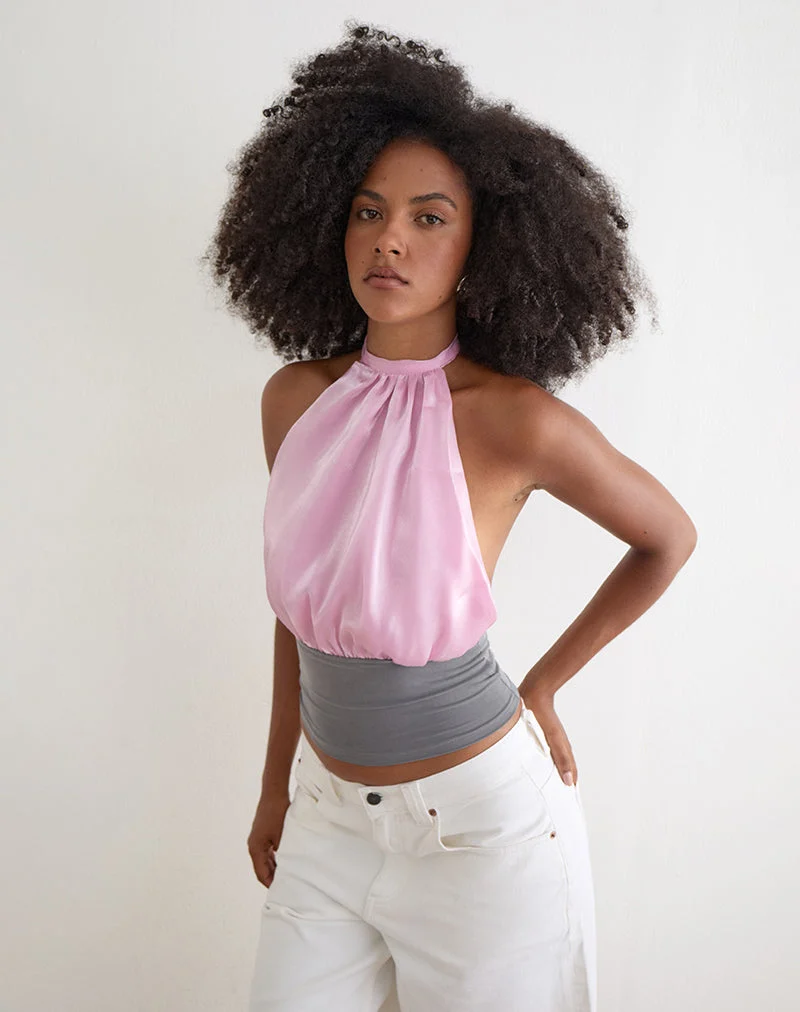 Rania-Top mit offenem Rücken aus rosa Satin-Organza mit grauen Kontrastakzenten