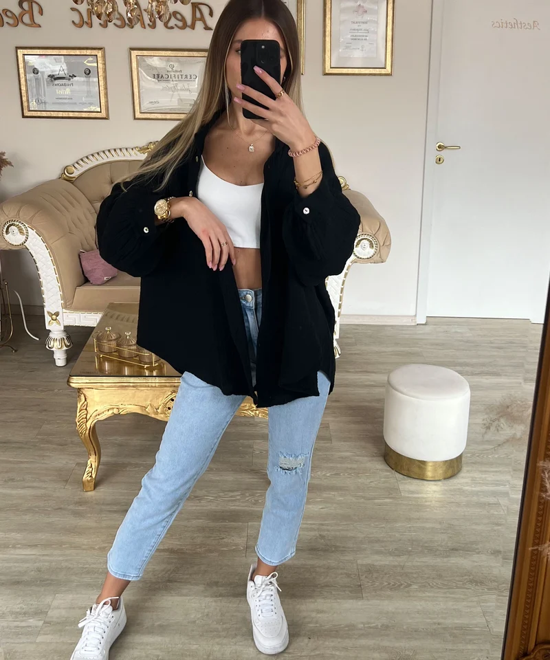 Oversize Musselin Bluse Freya Schwarz Kurz