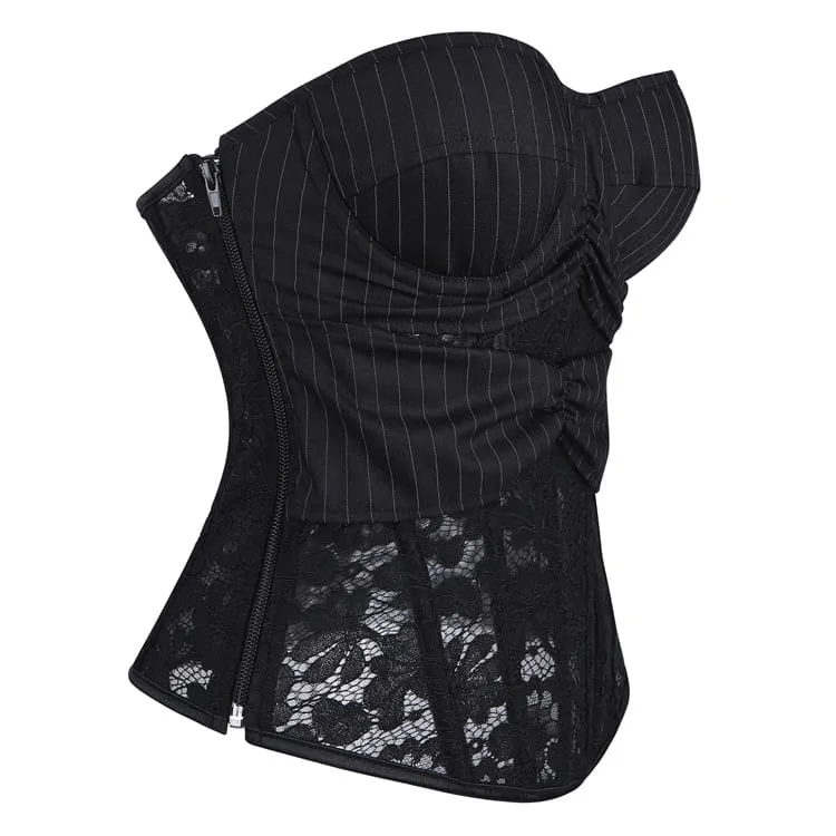 Gothic-Schnürkorsett für Damen mit Nadelstreifen, Blumenmuster und Spitze über der Brust
