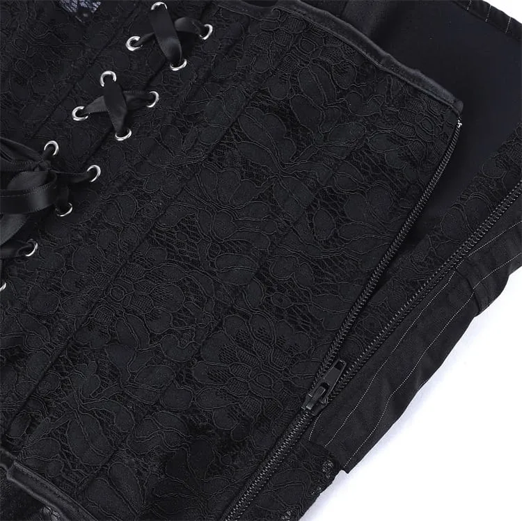 Gothic-Schnürkorsett für Damen mit Nadelstreifen, Blumenmuster und Spitze über der Brust