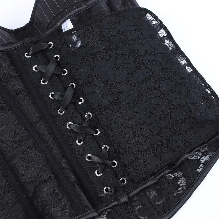 Gothic-Schnürkorsett für Damen mit Nadelstreifen, Blumenmuster und Spitze über der Brust