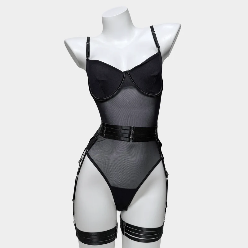 Damen-Dessous-Set aus transparentem Grunge-Mesh mit Handschuhen