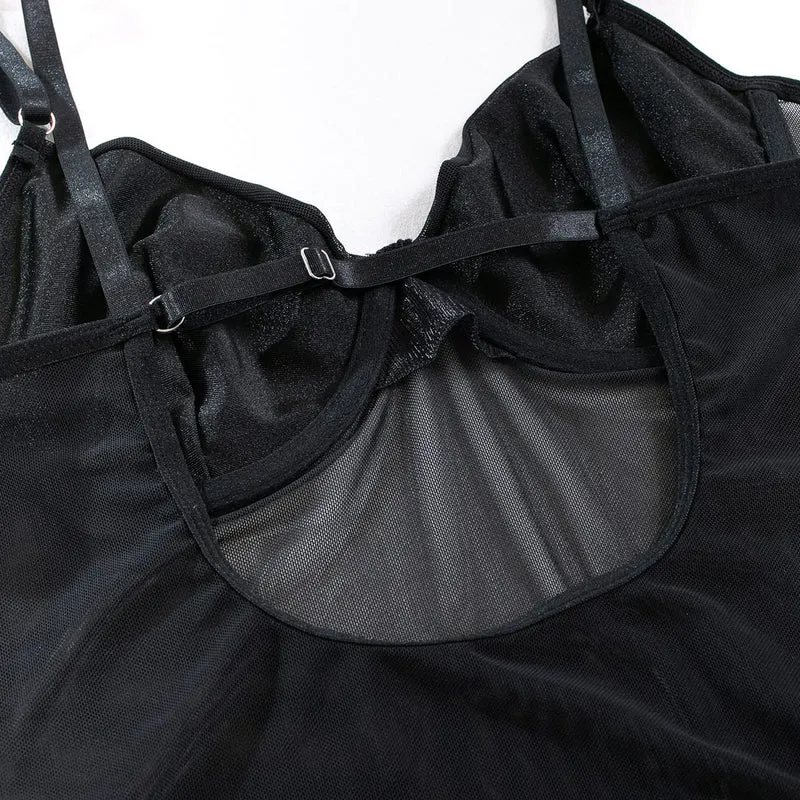 Damen-Dessous-Set aus transparentem Grunge-Mesh mit Handschuhen