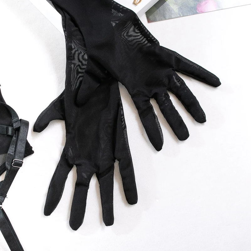 Damen-Dessous-Set aus transparentem Grunge-Mesh mit Handschuhen