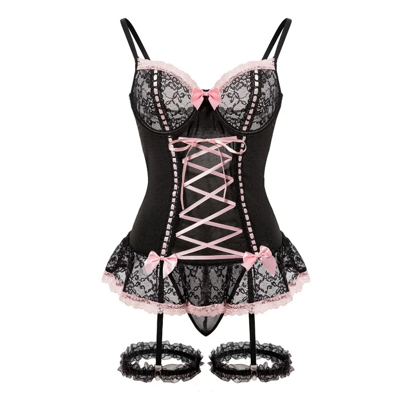 Sexy Dessous-Set mit Schnürung und Strumpfband im Grunge-Stil für Damen