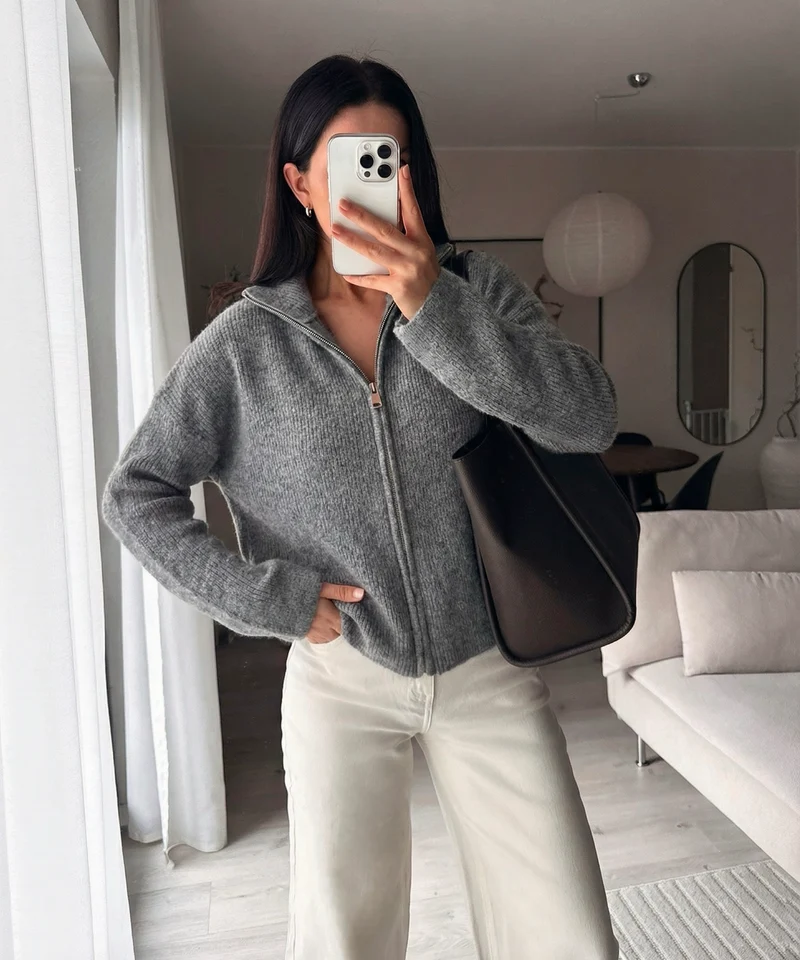 Zip Strickjacke Helena Uni Grau