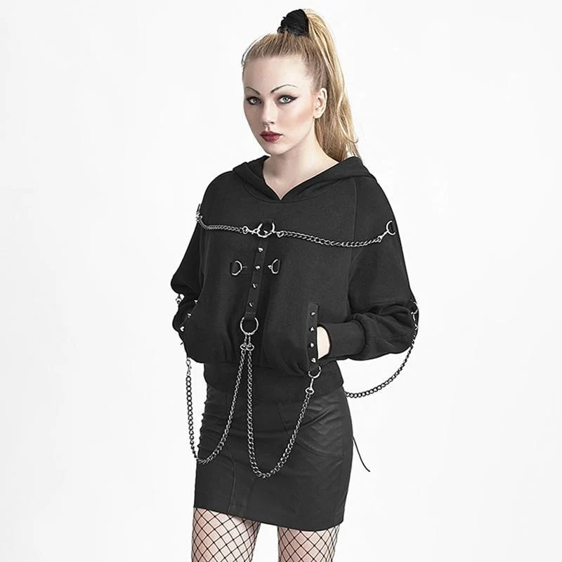 Damen-Kapuzenpullover mit Punk-Kreuz- und Kettenmotiv, Schwarz