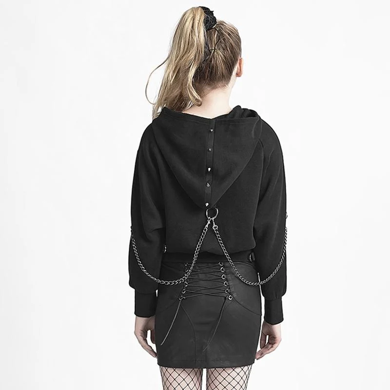 Damen-Kapuzenpullover mit Punk-Kreuz- und Kettenmotiv, Schwarz