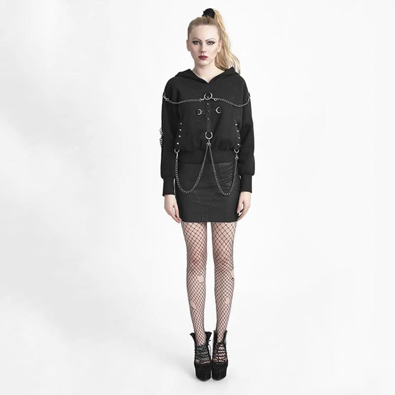 Damen-Kapuzenpullover mit Punk-Kreuz- und Kettenmotiv, Schwarz
