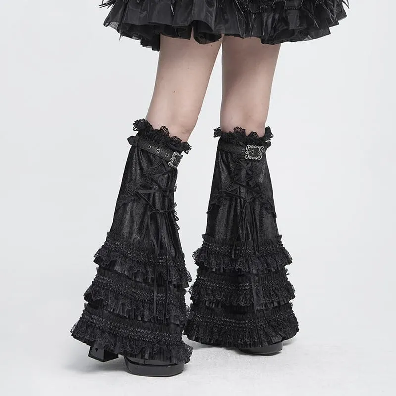 Gothic-Beinstulpen für Damen mit mehreren Lagen, Spitzenbesatz und Schnallen
