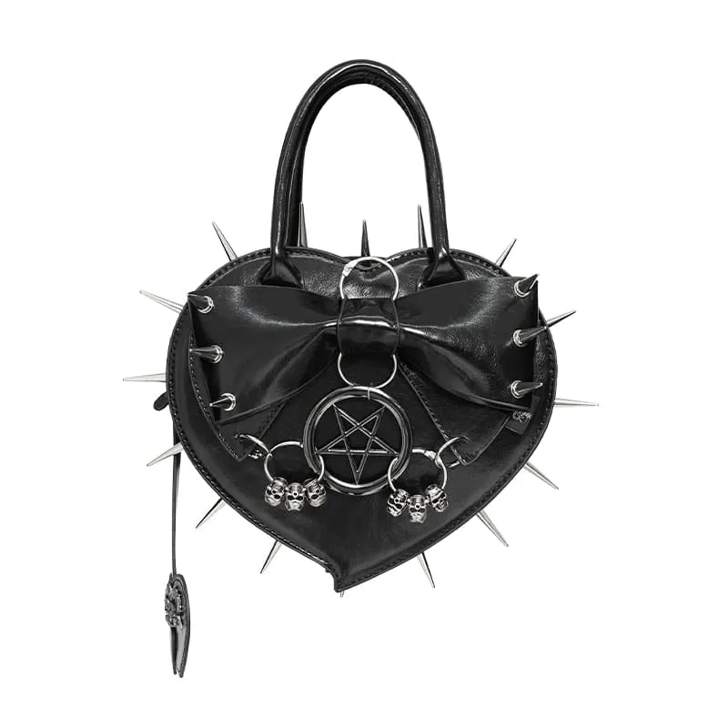 Schwarze gotische Damenhandtasche mit Pentagramm, Stacheln und herzförmigem Muster