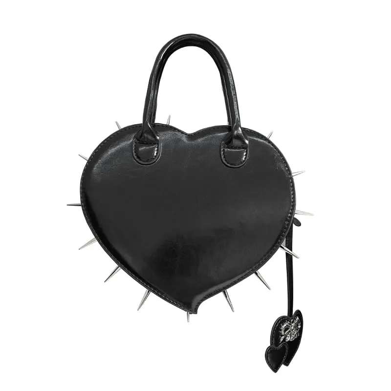 Schwarze gotische Damenhandtasche mit Pentagramm, Stacheln und herzförmigem Muster