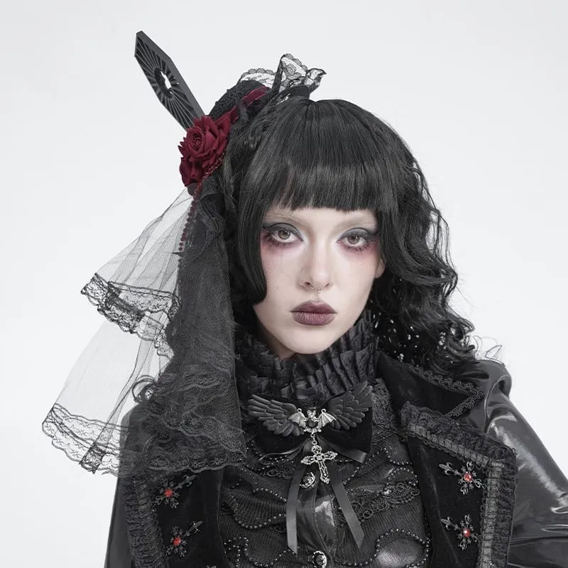 Gothic-Mini-Zylinder mit Rosen-Tüllschleier und Perlenbesatz für Damen