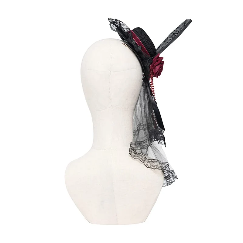 Gothic-Mini-Zylinder mit Rosen-Tüllschleier und Perlenbesatz für Damen